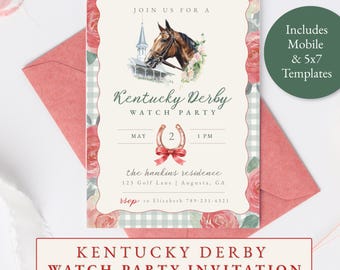May include: A Kentucky Derby watch party invitation card featuring a horse head illustration, a horseshoe with a red ribbon, and pink roses on a light green gingham background. Text includes event details, date, time, and location.