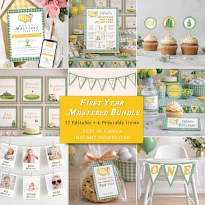 Könnte beinhalten: Eine Sammlung von Partydekorationen und Zubehör zum Thema Golf. Enthält Einladungen, Meilensteintafeln, Cupcake-Topper, Banner und Schilder. Das Farbschema ist grün und gelb mit einem Vichy-Muster. Der Text lautet "First Year Mastered Bundle".