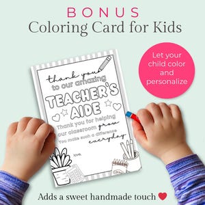 Printable Teacher Aide Gift Set Thank You Card Collection Digital Download Files Gift Card Holder Design Coloring Page Activity Included Teaching Assistant Appreciation Present Five By Seven Format PDF Instant Access Student Recognition