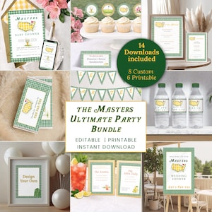 May include: A collection of printable party decorations with a golf theme. Includes invitations, signs, cupcake toppers, water bottle labels, and a banner. The designs feature a yellow and green plaid pattern and the text "Masters".