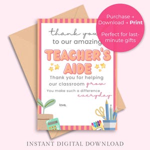 Teaching Assistant Thank You Gift Printable Appreciation Card Set Digital Download Instant Access Gift Card Holder Template Coloring Page Activity Included Teacher Aide Recognition Present Five By Seven Format PDF Files Student Appreciation