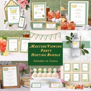 May include: A selection of party decorations and stationery with a golf theme. Includes invitations, menus, and signs. The colour scheme is green and yellow, with a gingham pattern. The text "Masters Viewing Party Hosting Bundle" is visible.