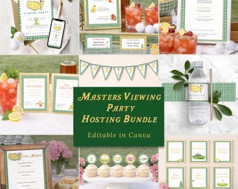 Invitación digital para ver el Masters. Decoraciones para fiestas de golf. Paquete de plantillas Canva para fiestas del Masters.