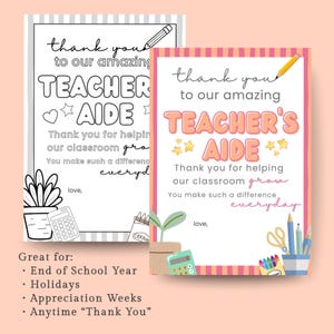 Teacher Aide Appreciation Printable Gift Card Holder Thank You Greeting Pdf Download Instant Access Digital Teaching Assistant Coloring Page image 9