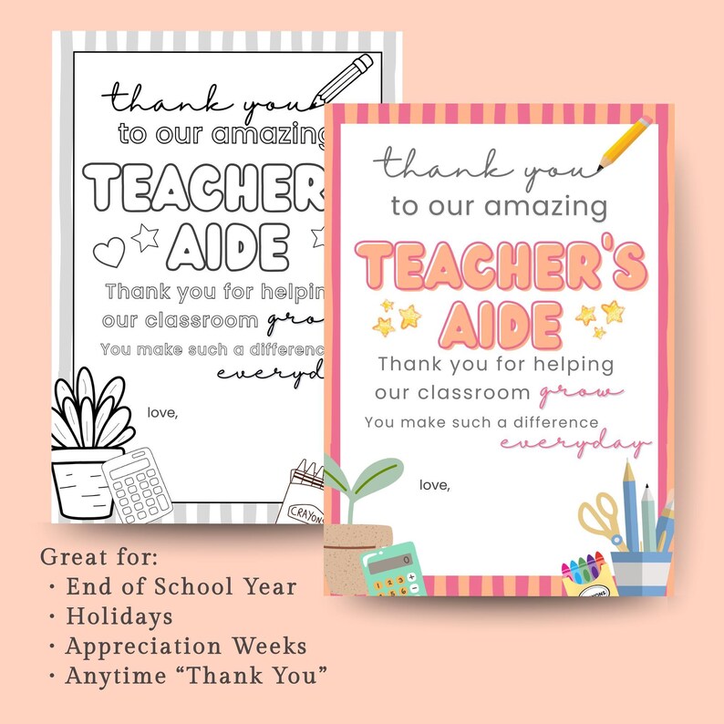 Teacher Aide Appreciation Printable Gift Card Holder Thank You Greeting Pdf Download Instant Access Digital Teaching Assistant Coloring Page image 9