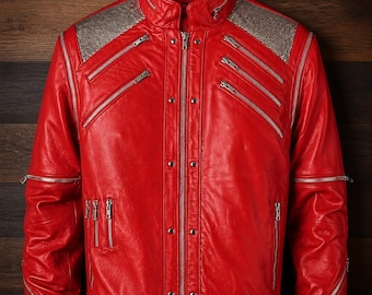 Beat It Röd Läderjacka 80-tals Retro Bikerkostym Biker Läderkostym MJ-inspirerad Dragkedjajacka