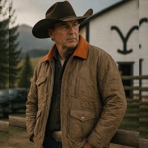 Op de afbeelding: Bruine gewatteerde jas met een oranje kraag en een bruine cowboyhoed. De jas heeft twee borstzakken en twee onderste zakken. De persoon staat voor een houten hek en een wit gebouw met een zwart logo.
