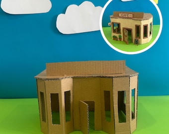 Printable Cardboard Cafe Template PDF | DIY Pretend Play Store for Kids | Cardboard Village Building
