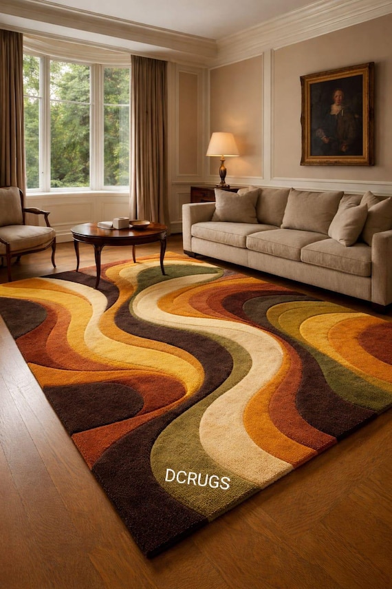 70s Retro Abstract Wave Area Rug Rust Mustard Yellow Olive Green