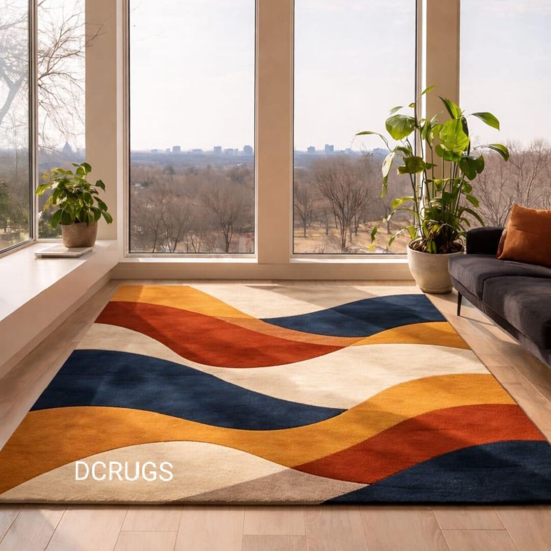 Modern Wavy Abstract Area Rug Navy Blue Yellow Cream – Retro Geometric ...
