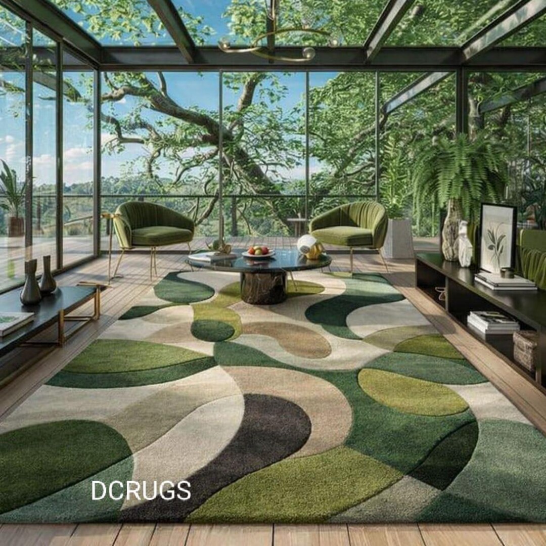 Modern Abstract Green Cream Area Rug, Hand Tufted Soft Wool Carpet ...