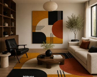Modern Mid Century Abstract Hand Tufted Rug Geometric Wool Area Rug in Mustard Rust Black Cream Contemporary Luxury Living Room Decor Carpet