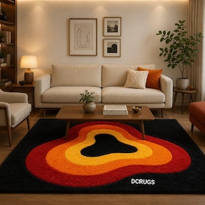 Luxury Abstract Hand-Tufted Rug 7x7 8x8 for Living Room, Modern Black Orange yellow  Wool Area Carpet, Contemporary Designer Home Decor Rug