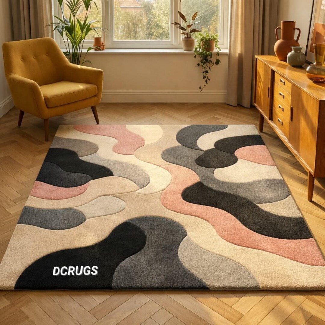 Modern Abstract Area Rug Hand Tufted Wool Carpet, Cream Black Blue Pink ...
