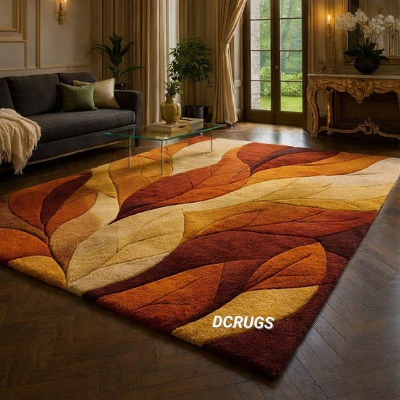 Luxury Autumn Leaf Abstract Area Rug in Rust Orange, yellow Mustard & Cream Sculpted Modern Carpet for Living Room Bedroom Cozy Home Décor