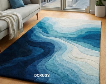 Modern blauw wit abstract golftapijt 9 x 12 zacht handgetuft tapijt voor woonkamer salon gradiënt oceaanontwerp, luxe vloerdecor