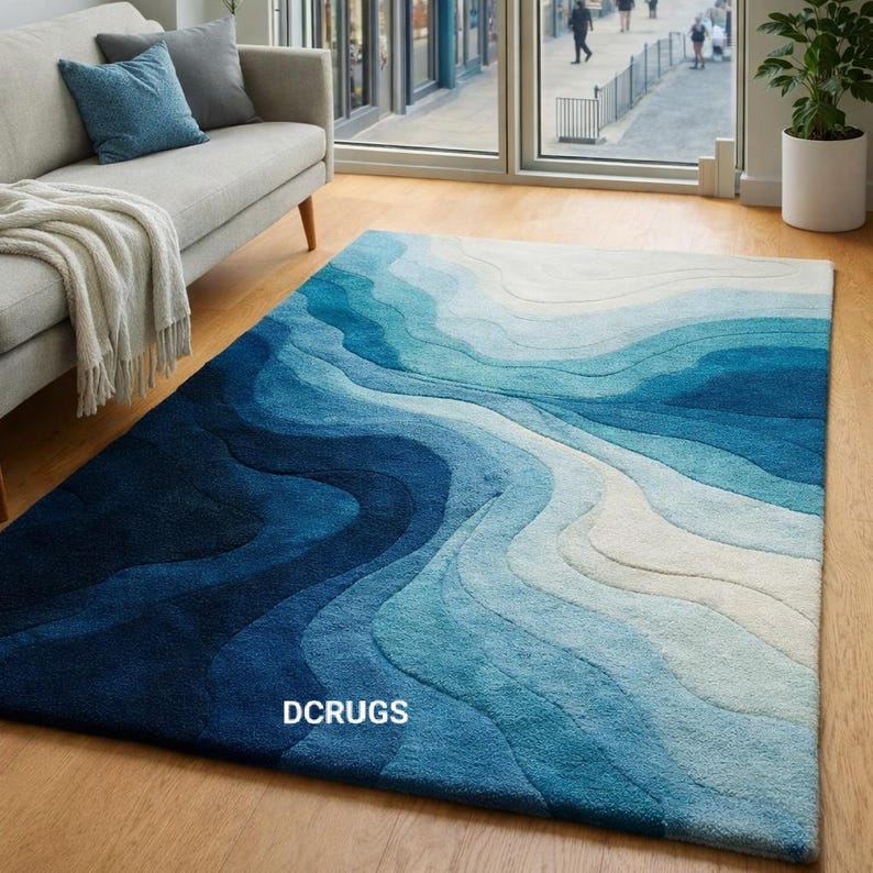 Modern Blue White Abstract Wave Area Rug 9x12 Soft Hand-tufted Carpet ...