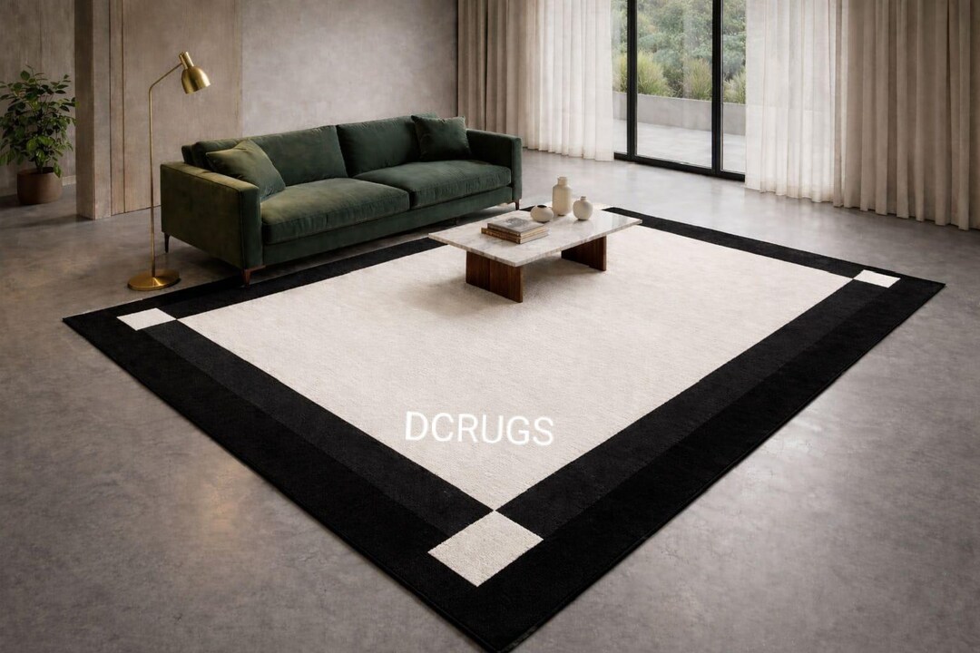 Modern Minimalist Black Border Area Rug, Cream Geometric Frame Carpet ...