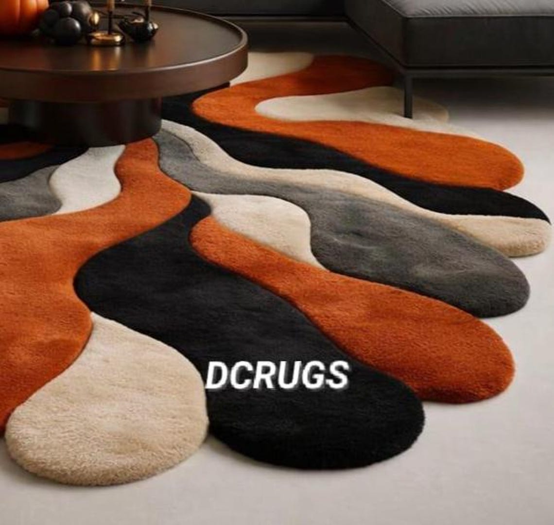 Luxury Sculpted Abstract Wave Area Rug 7x7 in Rust Orange Black & Cream ...