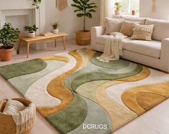 Modern groen-geel mosterdkleurig abstract vloerkleed met golvend patroon – Boho Scandinavisch tapijt met gebogen patroon voor woonkamer en slaapkamer, handgetuft wol