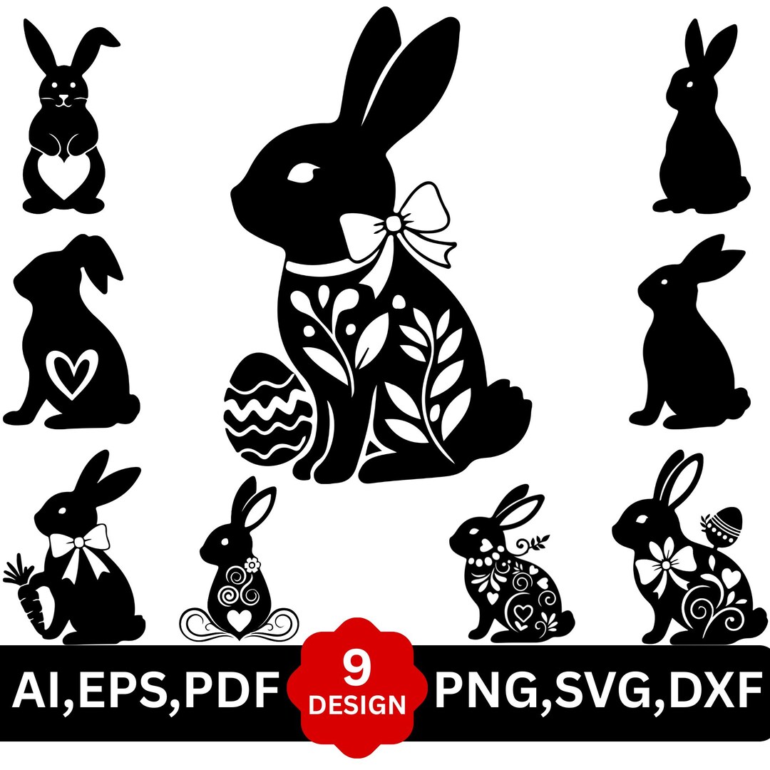 Floral Easter Bunny SVG Bundle, Rabbit Silhouette Clipart (digital ...