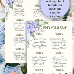 May include: Two white wedding seating chart templates with blue and purple hydrangea floral accents. The text reads Find Your Seat, lists tables 1 through 6 with names, and includes a purple circle stating Editable wedding seating chart templates 18x24 in.