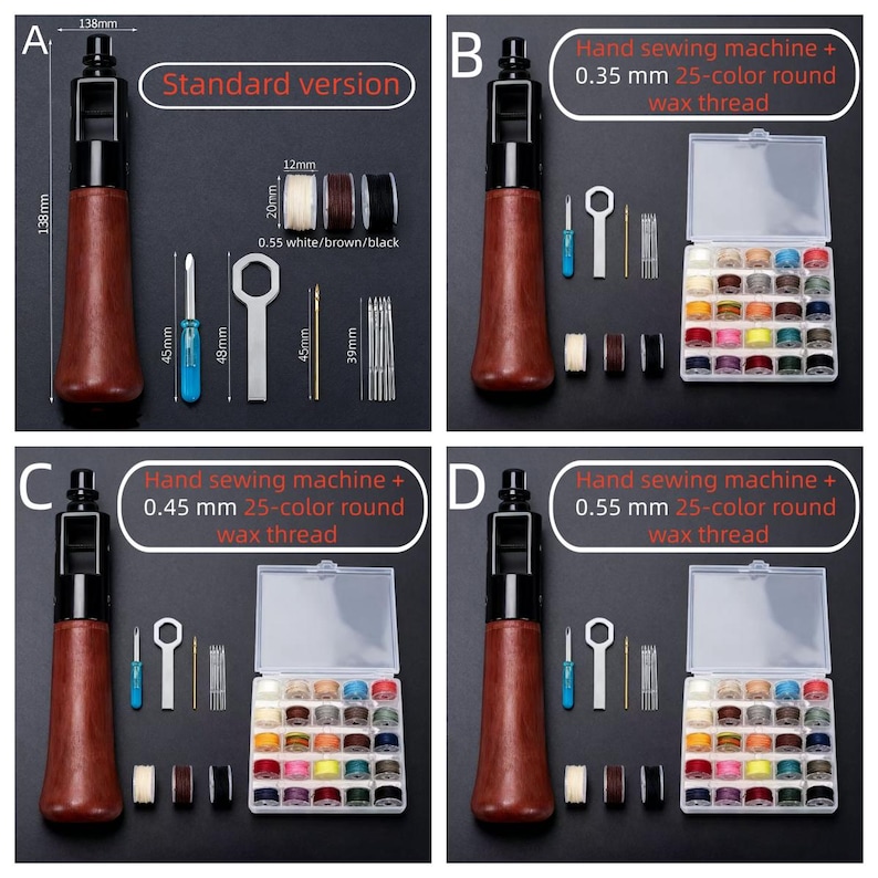 May include: A set of leathercraft tools, including a hand sewing machine with a wooden handle, needles, spools of thread, and a small screwdriver. The set includes a variety of thread colors and sizes. The sewing machine is approximately 5.4 inches (138mm) tall.