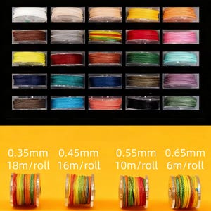 May include: A variety of colorful cords and threads are displayed in small, clear plastic containers. The image also shows four spools of multi-colored thread. Text indicates the thread sizes are 0.35mm, 0.45mm, 0.55mm, and 0.65mm, with lengths per roll.