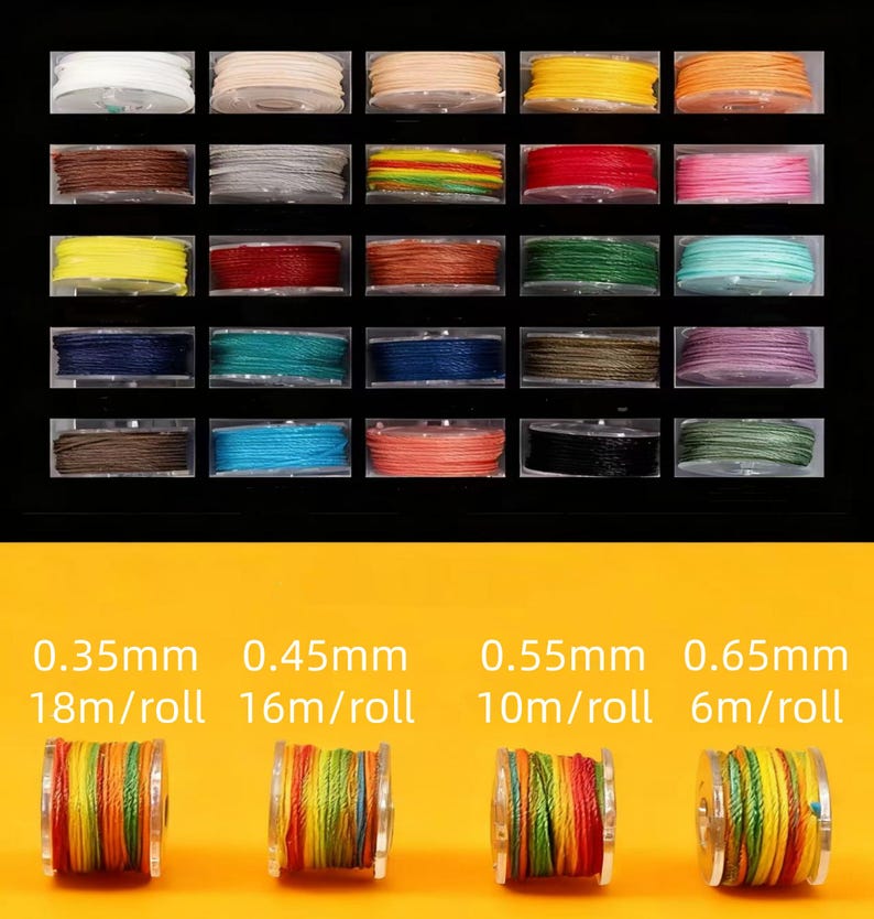 May include: A variety of colorful cords and threads are displayed in small, clear plastic containers. The image also shows four spools of multi-colored thread. Text indicates the thread sizes are 0.35mm, 0.45mm, 0.55mm, and 0.65mm, with lengths per roll.
