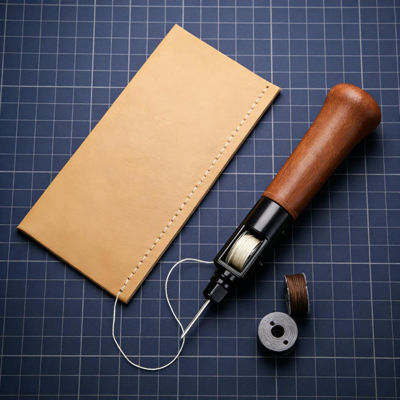 May include: A leather craft set featuring a light brown leather piece with white stitching, a wooden-handled stitching awl, and two spools of thread. The awl has a black metal body and a spool of white thread.