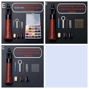May include: A hand sewing machine with a brown handle, black top, and various accessories. The image includes a box of 25-color round wax thread, needles, and other tools. The text in the image says "Hand sewing machine + 0.65 mm 25-color round wax thread".