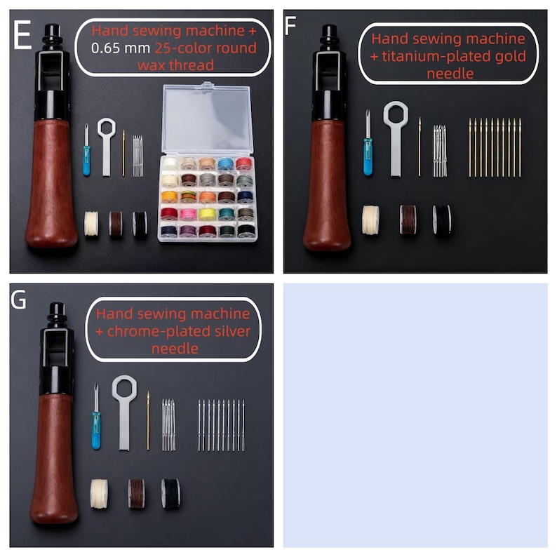 May include: A hand sewing machine with a brown handle, black top, and various accessories. The image includes a box of 25-color round wax thread, needles, and other tools. The text in the image says "Hand sewing machine + 0.65 mm 25-color round wax thread".