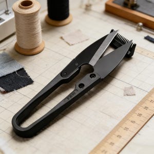 May include: Black sewing thread snips with a curved handle and sharp blades. The snips have a comb-like feature near the blade's tip. The word "EAGLE" is printed on the handle. The snips are on a patterned surface with spools of thread and fabric scraps.