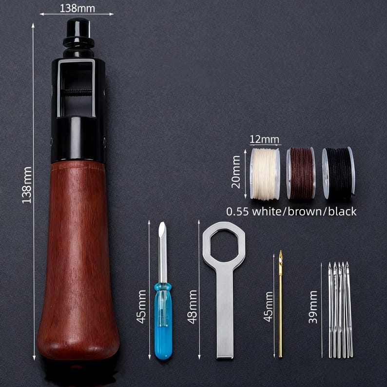Leather Sewing Awl Kit, Hand Stitching Tool, Beechwood Handle, Waxed Thread, Needles image 10