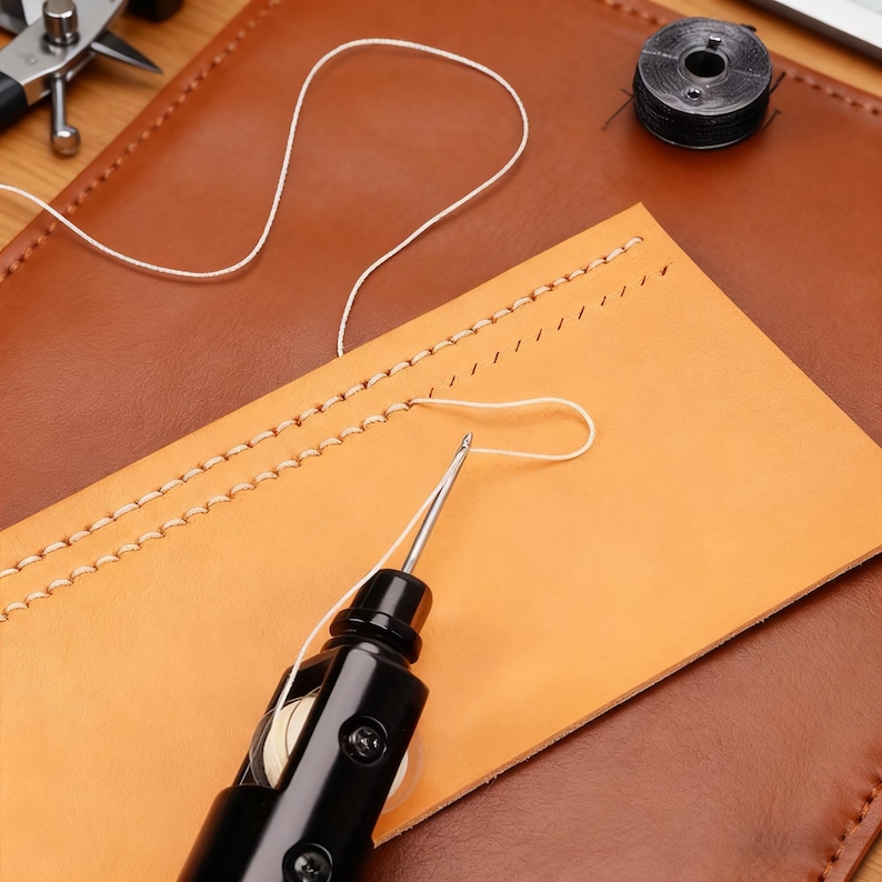 May include: A close-up of leather crafting tools. A black stitching awl with a needle is inserted into a piece of tan leather. White thread is visible, along with a spool of thread and a leather punch tool. The background is brown leather.