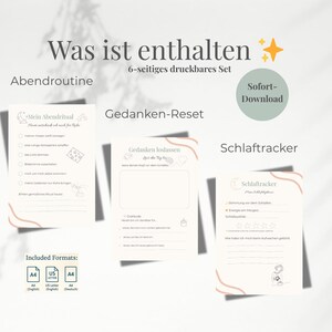 May include: A digital download set with three printable pages: an evening routine checklist, a thought reset page, and a sleep tracker. The set includes A4 and US Letter formats. The title "Was ist enthalten" is at the top.