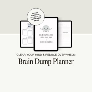 May include: Three digital tablets displaying a brain dump planner. The center tablet shows a smiling brain graphic with the text "Brain Dump Planner, Clear Your Mind & Reduce Overwhelm." The top left corner has a circle with the text "Instant Download A4 & US Letter 10 Printable Pages."