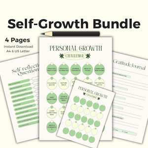 Self‑Growth Bundle Challenge, Self‑Reflection Questions, Gratitude Journal, Personal development Printable, Mental wellness