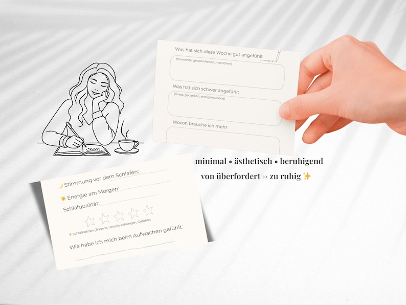 May include: Two cream-colored journaling cards with prompts for self-reflection. One card is held by a hand, the other is on a surface with a line drawing of a person writing. Text includes "minimal", "&auml;sthetisch", and "beruhigend".