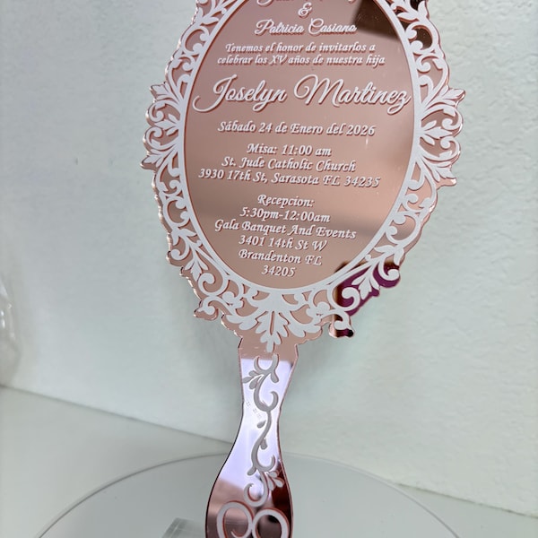 Acrylic hand mirror / Rose Gold Quinceañera Invitation