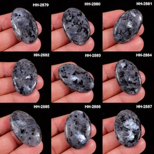 May include: A collection of nine oval-shaped polished grey and black labradorite gemstones, each labelled with unique identification codes ranging from HH-2879 to HH-2887, displaying natural mineral inclusions and reflective surfaces.