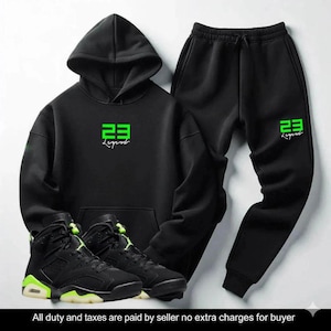 Free Delivery) Men Black Sweat suit Match Jordan 6 Electric Black Neon 23 Legend replica Hoodie Joggers