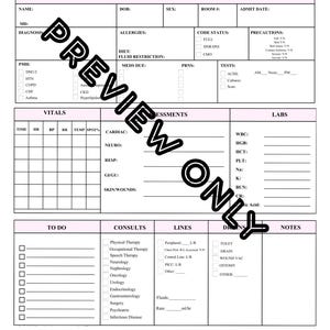 Könnte beinhalten: Ein Krankenpflegeberichtsbogen mit Abschnitten für den Hintergrund des Patienten, Vitalwerte, Beurteilungen, Labore, To-Do-Listen, Konsultationen, Leitungen und Notizen. Das Blatt enthält Kontrollkästchen und Freiräume für detaillierte medizinische Informationen. Der Text "PREVIEW ONLY" ist überlagert.