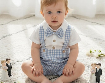Completo da sposo per neonato, tutina in lino traspirante con papillon e pantaloncini con bretelle, abbigliamento per invitato al matrimonio, abito per paggetto.