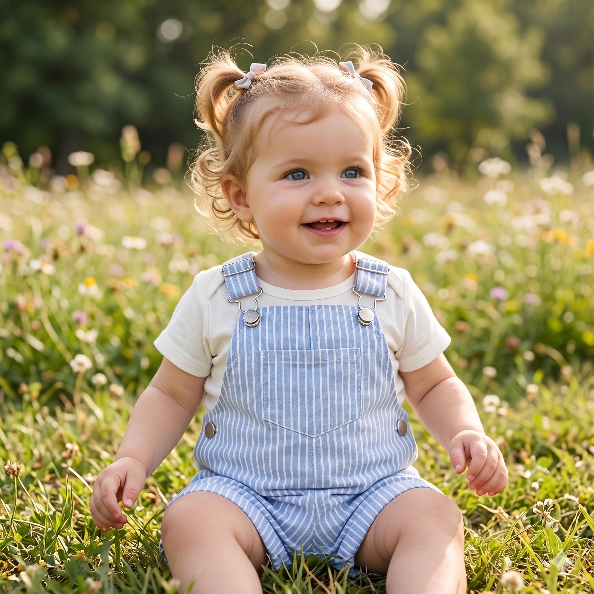 Toddler striped shortalls designed as a comfy unisex baby romper. Perfect lightweight denim overalls and summer clothes for active infants.