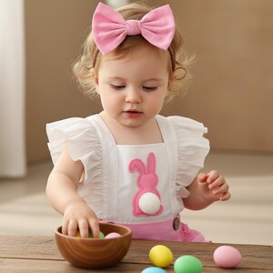 Baby Girl Easter Romper with Headband, Cute 3D Bunny Tail Flutter Sleeve Infant Outfit, First Birthday Cake Smash Ruffle Body Suit