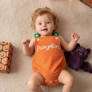 May include: An orange ribbed romper with green shoulder straps and white buttons, featuring the word pumpkin embroidered in white script across the chest. The garment is paired with a purple plush bat toy and a box decorated with pumpkin graphics.