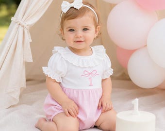 Baby Girl First Birthday Romper Dress with Embroidered Pink Bow and Lace Collar, Elegant Sweet One Party Outfit for Toddler Smash Cake photo