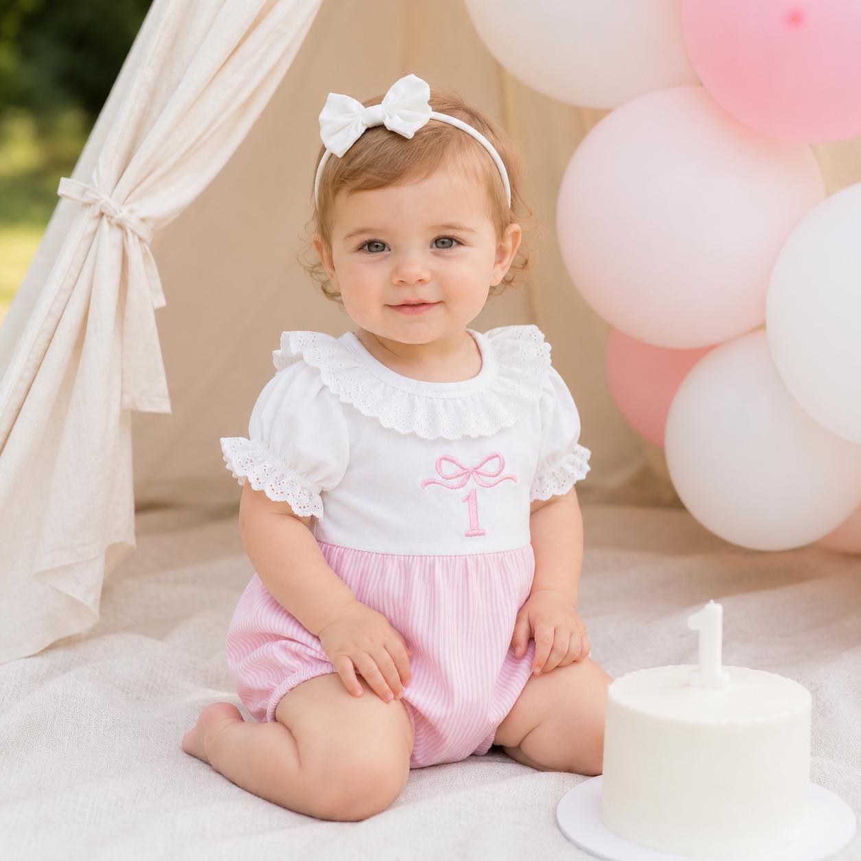 Baby Girl First Birthday Romper Dress with Embroidered Pink Bow and Lace Collar, Elegant Sweet One Party Outfit for Toddler Smash Cake photo