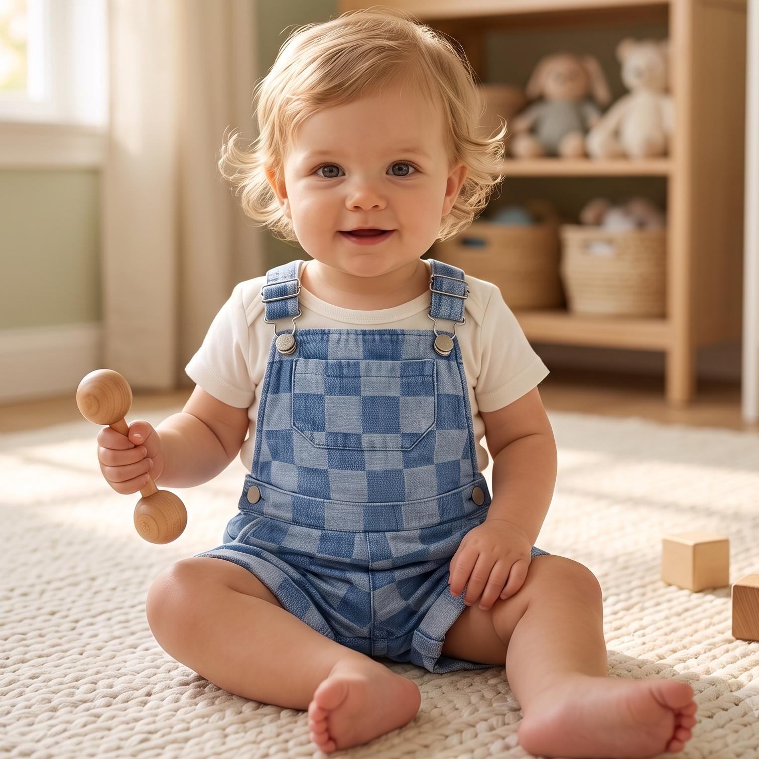 Checkered denim overalls for toddlers and babies featuring a retro checkerboard shortalls design perfect for trendy summer boys and girls